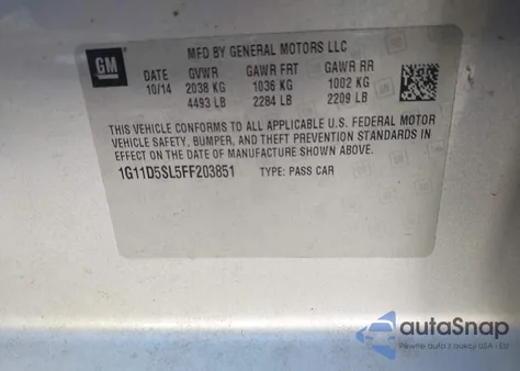 2015 Chevrolet Malibu 2Lt from USA, damaged, VIN 1G11D5SL5FF203851